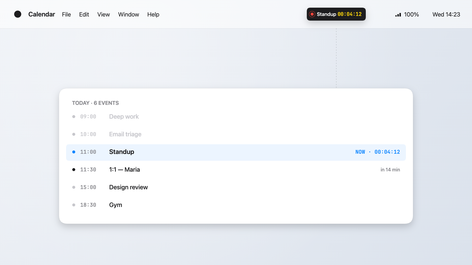 Menu bar with live countdown next to events list