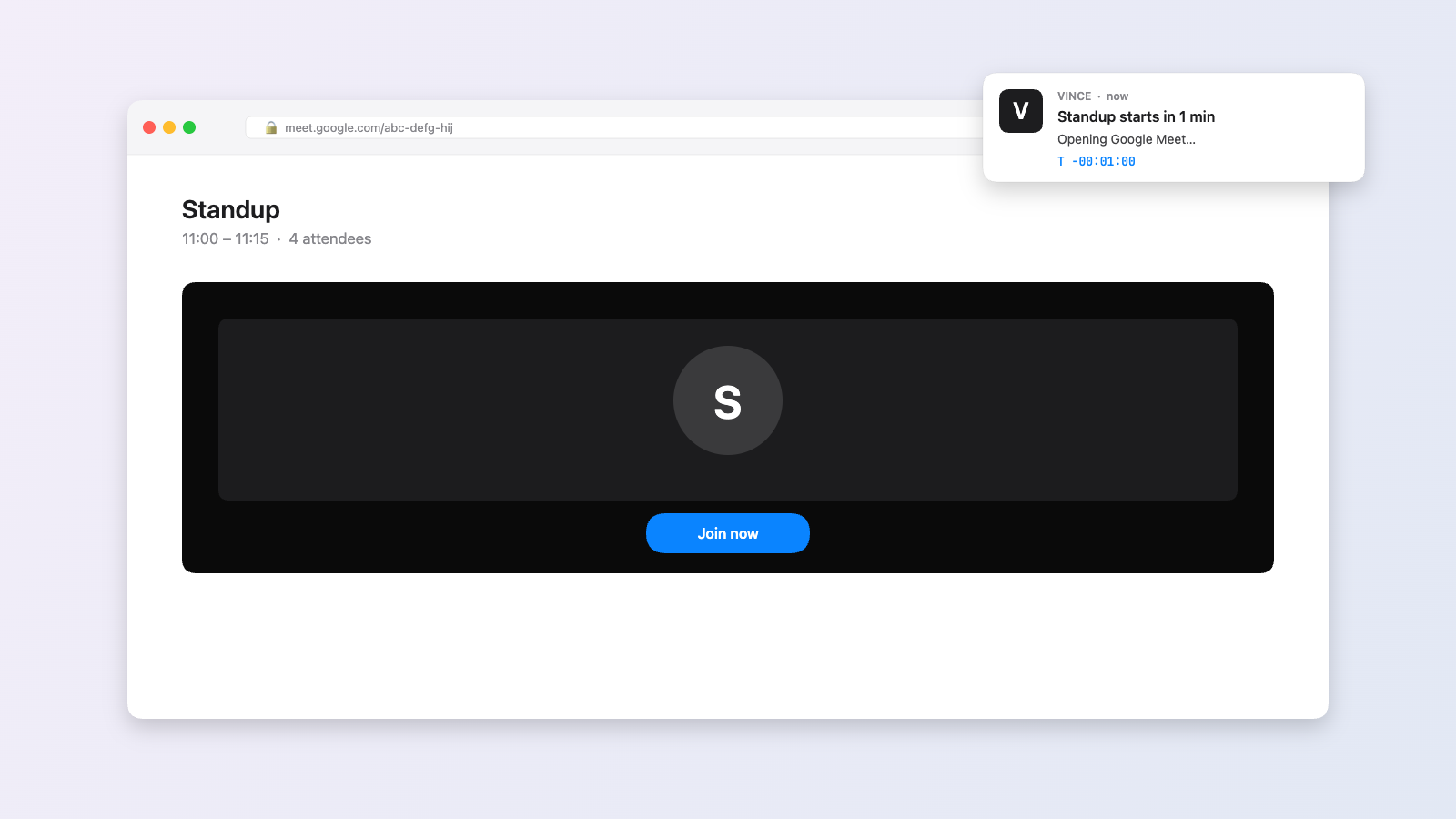 Browser opening meeting link with Vince notification