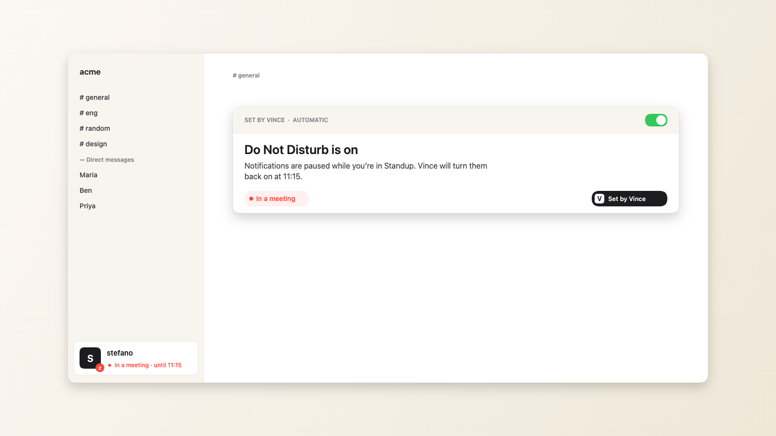 Slack with DND on, set automatically by Vince